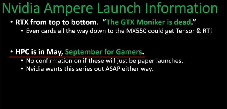 ゲーマー向けAmpereグラフィックスカードは2020年9月発表