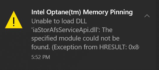 Intel Optane Memory使用環境でエラー
