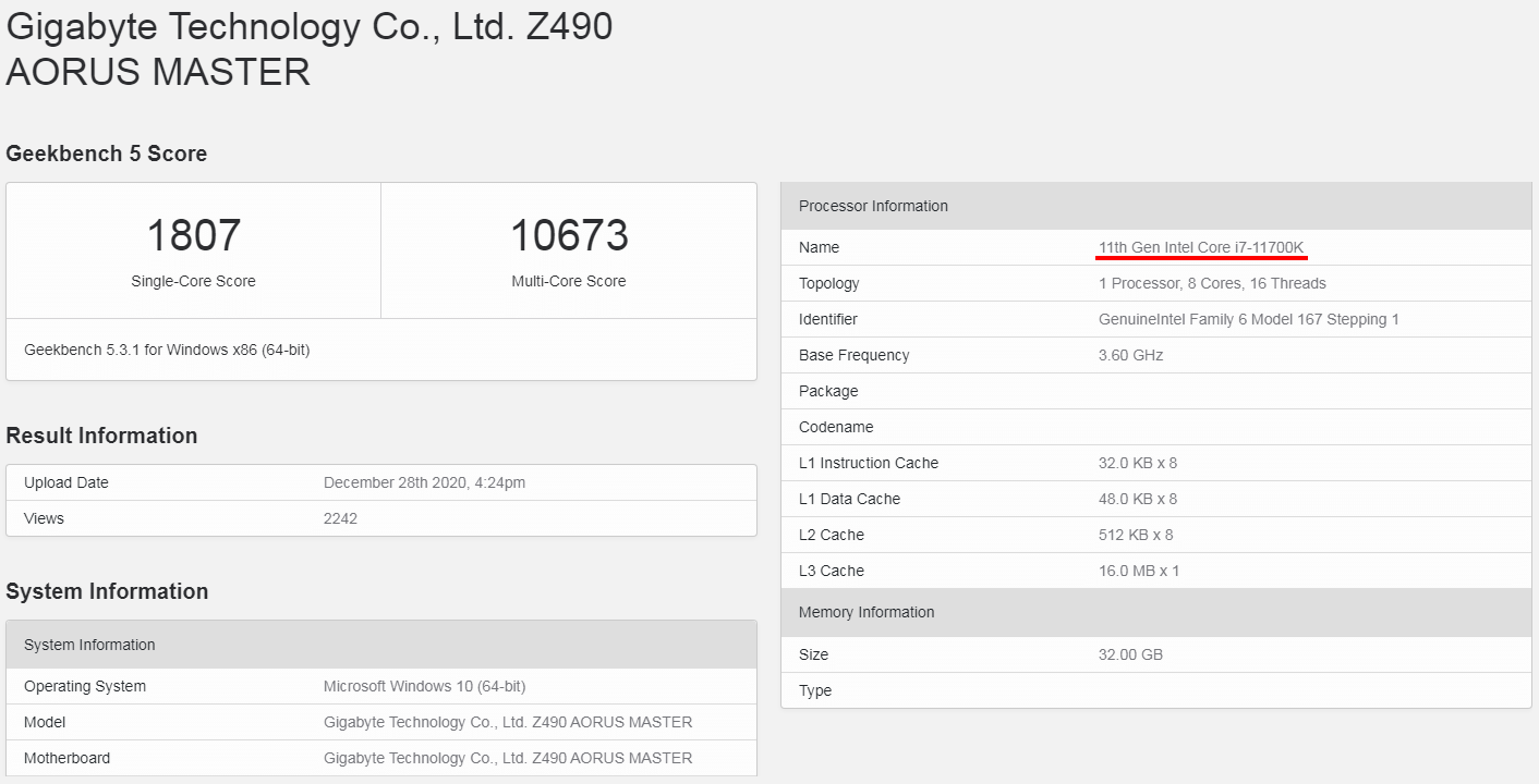 Intel Core i7-11700Kリザルト - シングル:1807 マルチ:10673