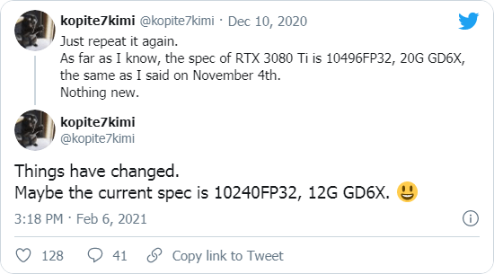 kopite7kimi氏によるとRTX 3080 Tiは仕様変更されて10240CUDA / 12GB G6Xが見込まれている