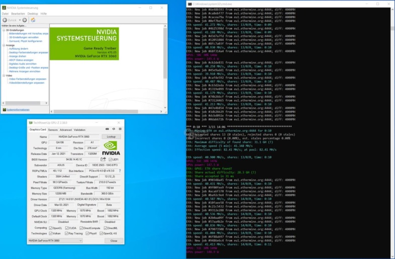 RTX 3060でも470.05ドライバだと41MH/s前後で掘れる