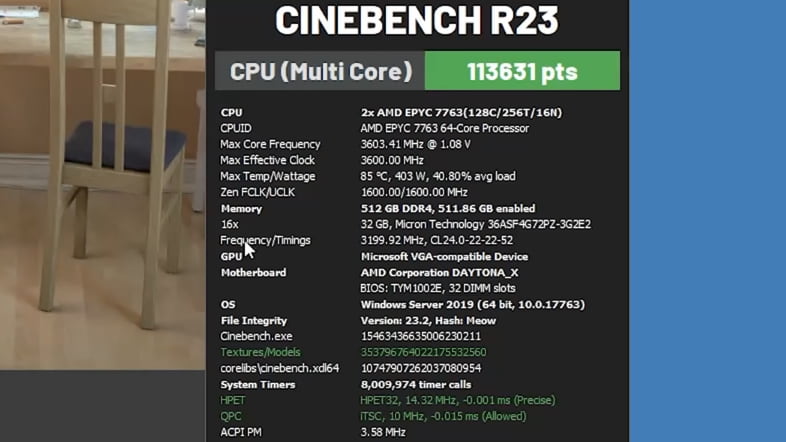 AMD EPYC 7763 Dual- Cinebench R23 Multi Score: 113631