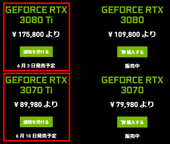 GeForce RTX 3080 Ti / RTX 3070 Ti 国内価格