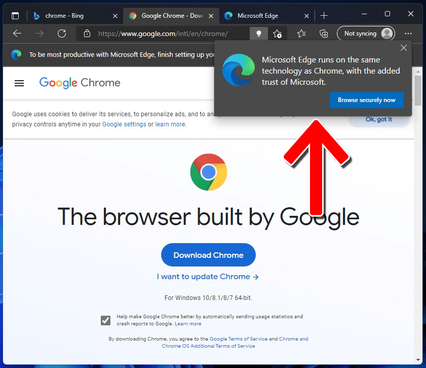 Chromeの使用を思いとどまらせるポップアップ