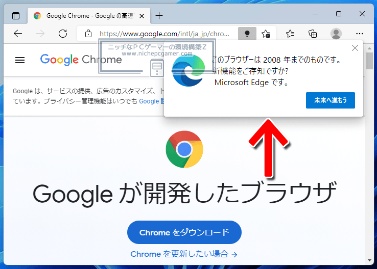 Chromeの使用を思いとどまらせるポップアップ 日本語版
