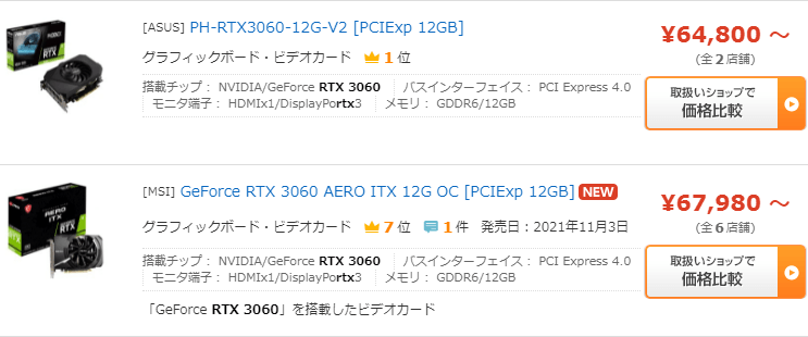 GeForce RTX 3060 12GBの販売価格(2021年12月17日時点)