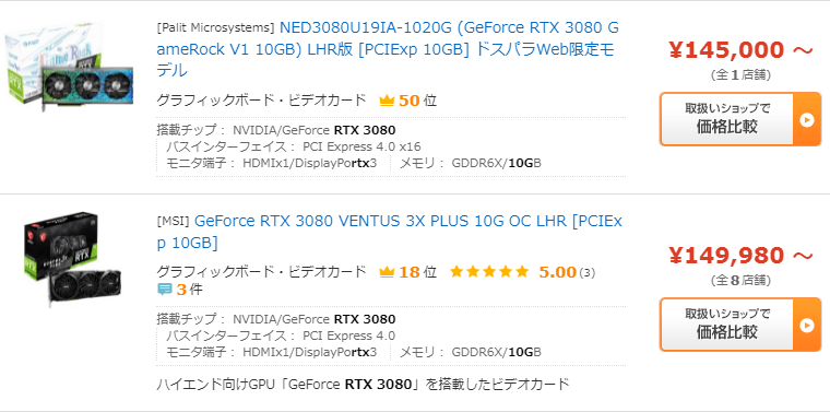GeForce RTX 3080 10GBの最安値は税込145,000円