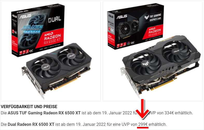 ASUSドイツの発表 - Radeon RX 6500 XTは299€から