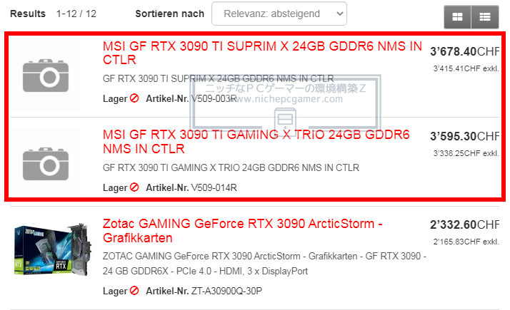 GeForce RTX 3090 Ti - スイスのネットショップでの販売価格