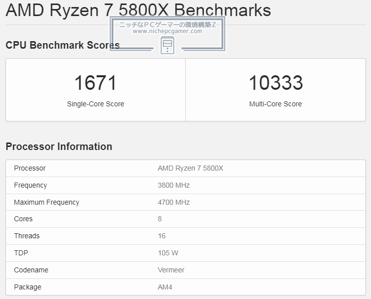 Geekbench - Ryzen 7 5800X シングル1671 マルチ10333