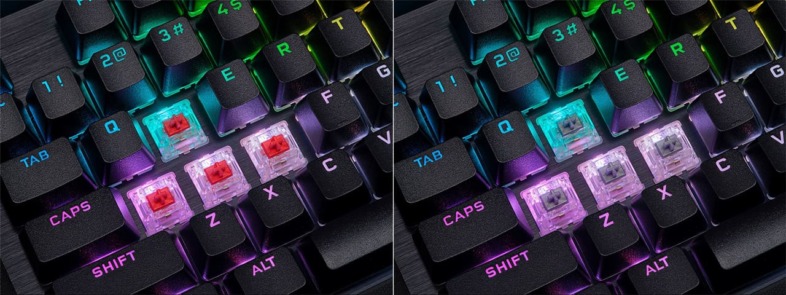 左: Cherry MX RGB Red (赤軸) / 右: Cherry MX RGB Speed (銀軸)