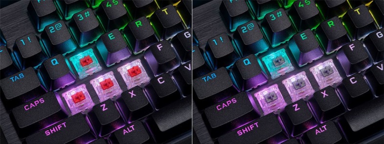 左: Cherry MX RGB Red (赤軸) / 右: Cherry MX RGB Speed (銀軸)