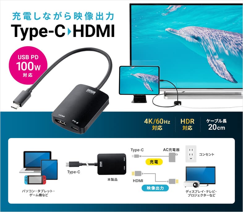 USB Type C-HDMI HDMI VGA変換アダプタ 30Hz 4K AD-ALCHV02 サンワサプライ PD対応 VGA同時出力可