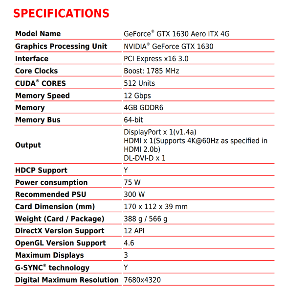 MSI GeForce GTX 1630 Aero ITX 4G スペック