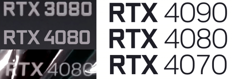 左上2つ: これまでのフォント / 左下1つ: RTX 4080 FEの写真 / 右: NVIDIA Sans NALA