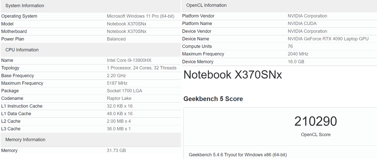 Geekbench - GeForce RTX 4090 Laptop GPU 210290ポイント