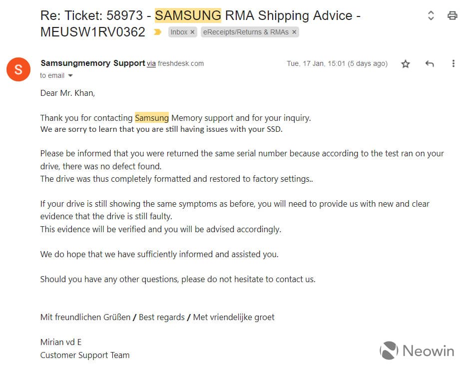 Samsung RMA担当者からのメール