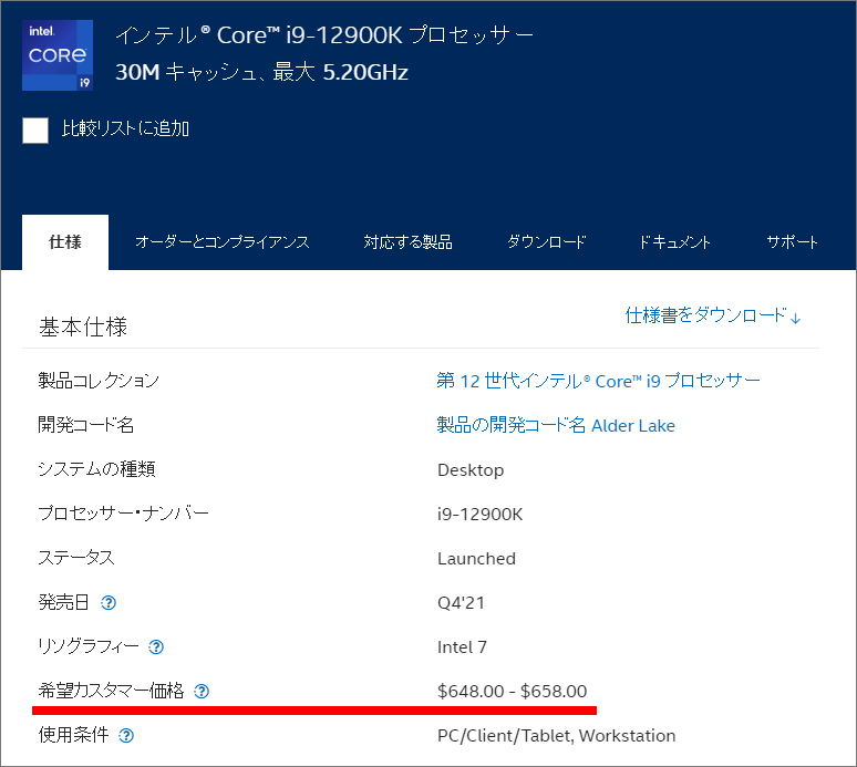 Core i9-12900K - 648～658ドルへと値上げされた