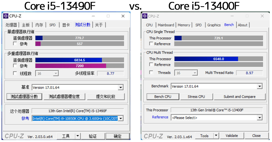 Core i5-13490F＆i5-13400F CPU-Zベンチマーク