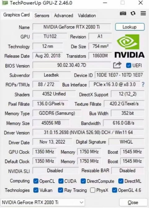 GPU-Z: 45056MB 616GB/s