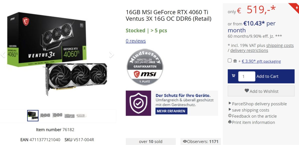 GeForce RTX 4060 Ti 16GB: €519