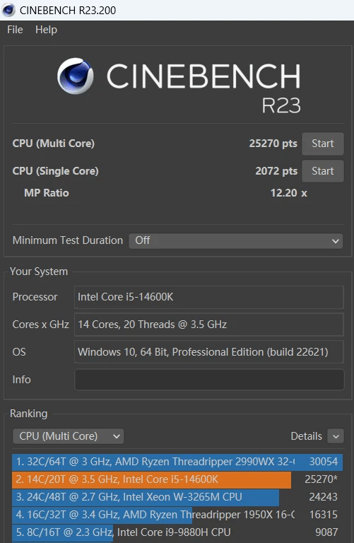 Core i5-14600K - Cinebench R23 シングル2072 マルチ25270