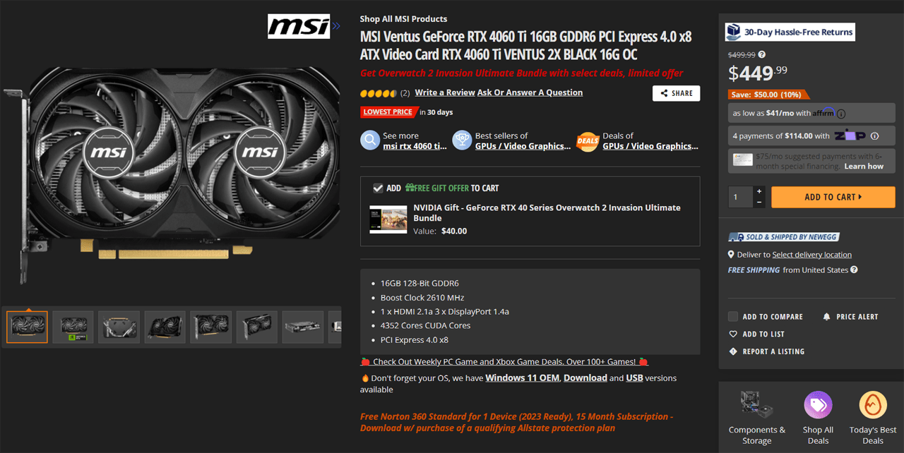 449ドルへと値下がりしたGeForce RTX 4060 Ti 16GB