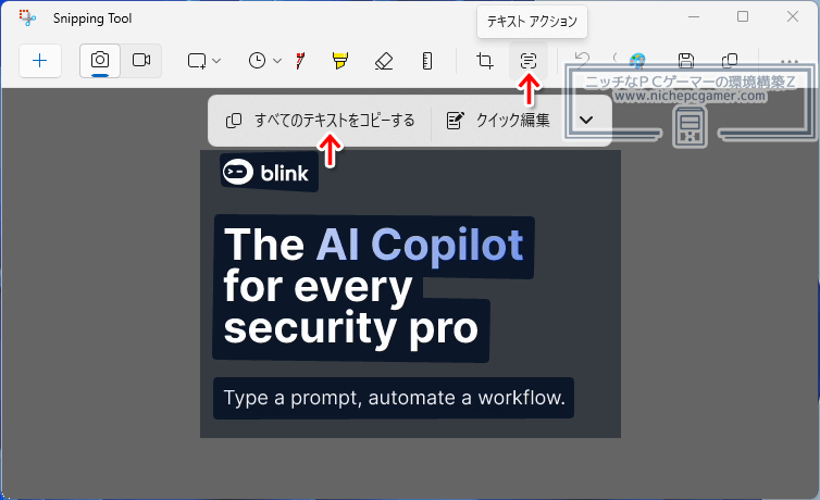 Snipping Tool - 画像内の文字が選択される