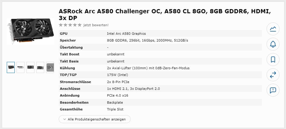 価格比較サイトに掲載されたASRock Arc A580