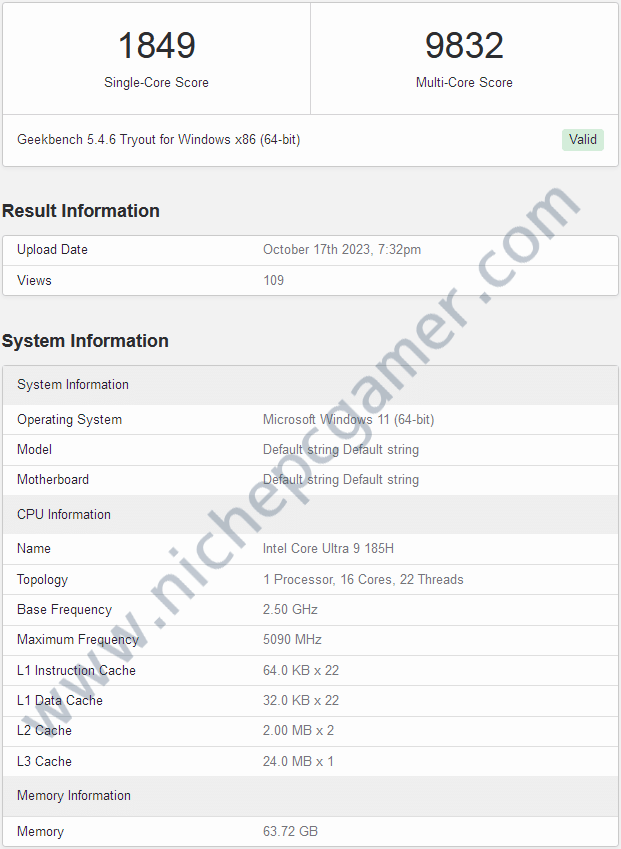 Geekbench 5: Core Ultra 9 185H シングル1842 マルチ9832