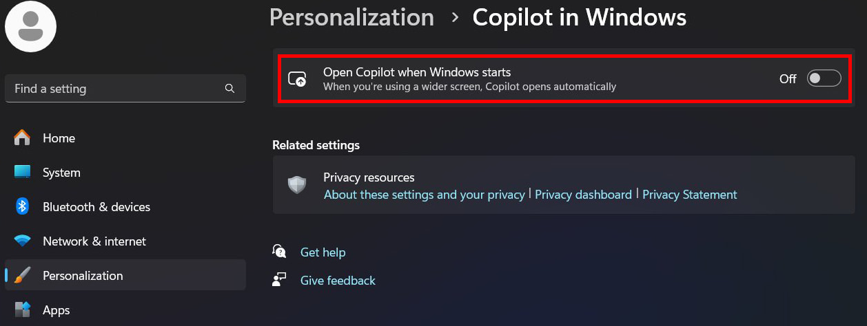 Windows起動時にCopilotも同時に開くオプション