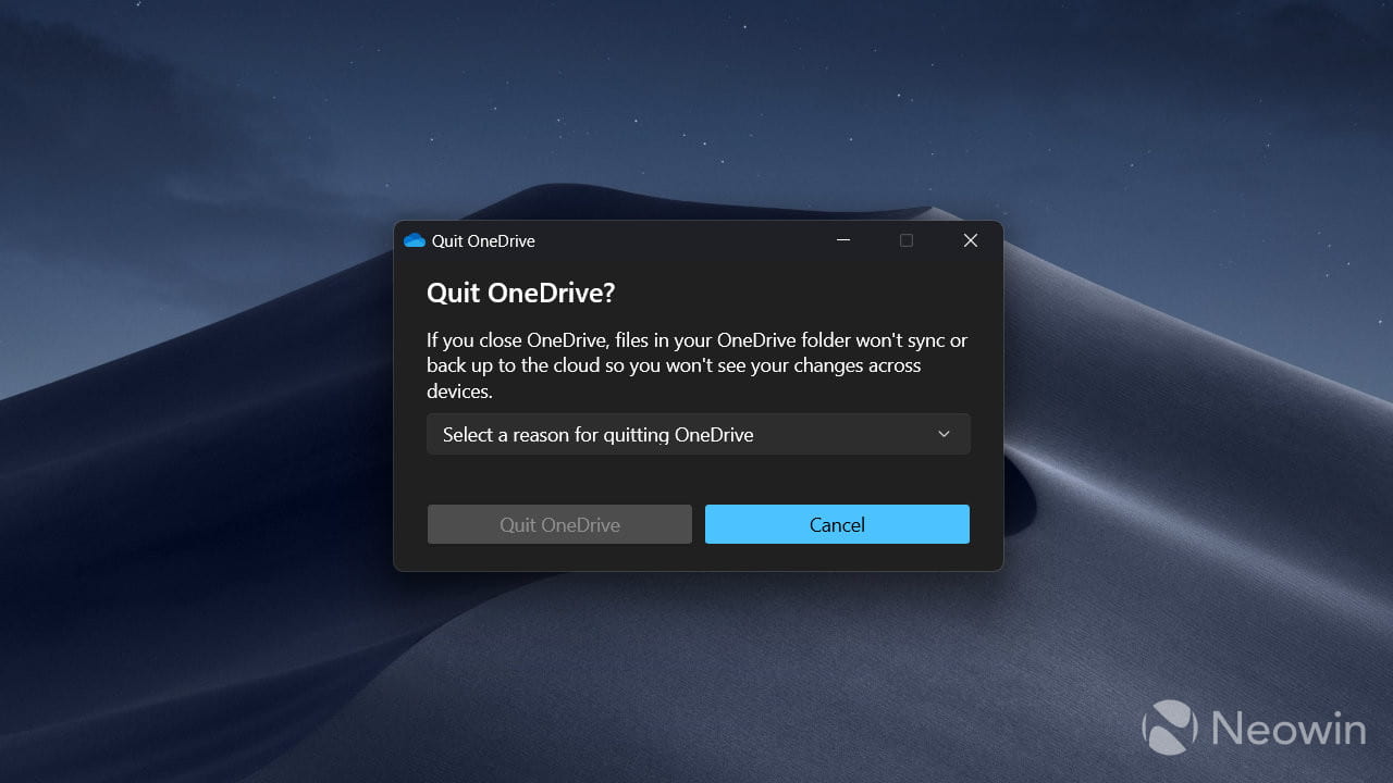 OneDriveを終了する理由を問われる。回答しないと終了できない