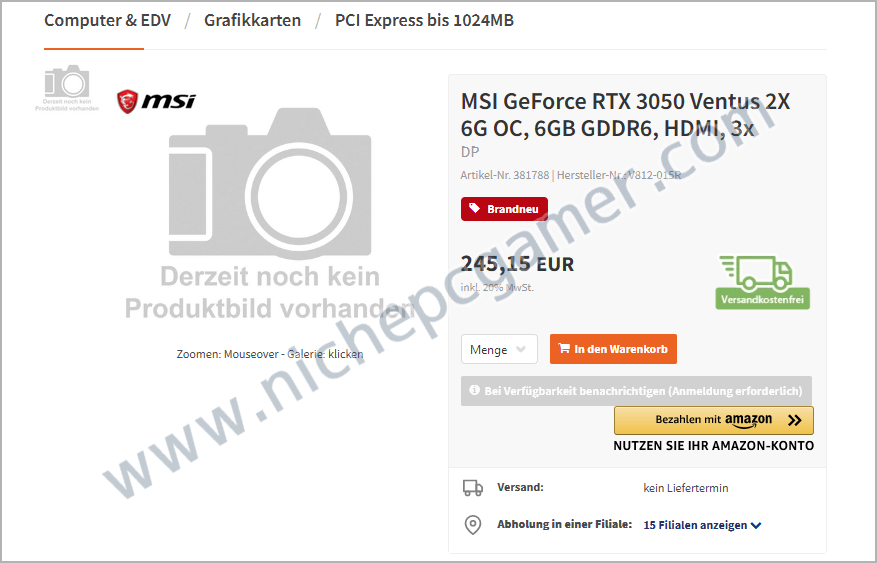 GeForce RTX 3050 6GB: オーストリアのネットショップに掲載