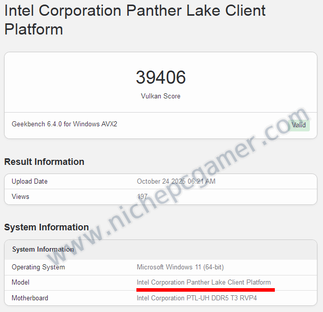 Intel Core Ultra 5 338H: Geekbench Vulkanスコア39406