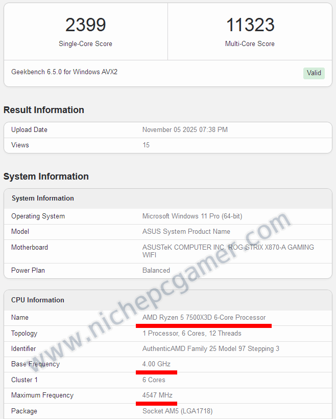 Ryzen 7 7500X3D: 6C12T / 4.0GHz / 4.6GHz