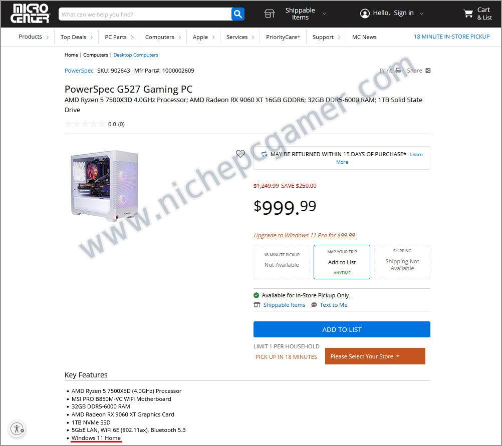 PowerSpec G527 Gaming PC: Ryzen 5 7500X3D搭載