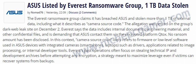 ASUSがランサムウェアグループの標的に