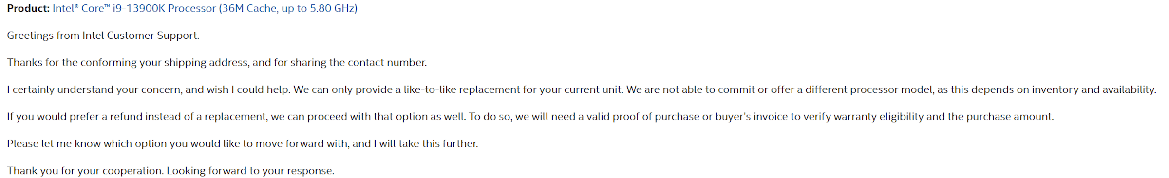 Intelからの返事