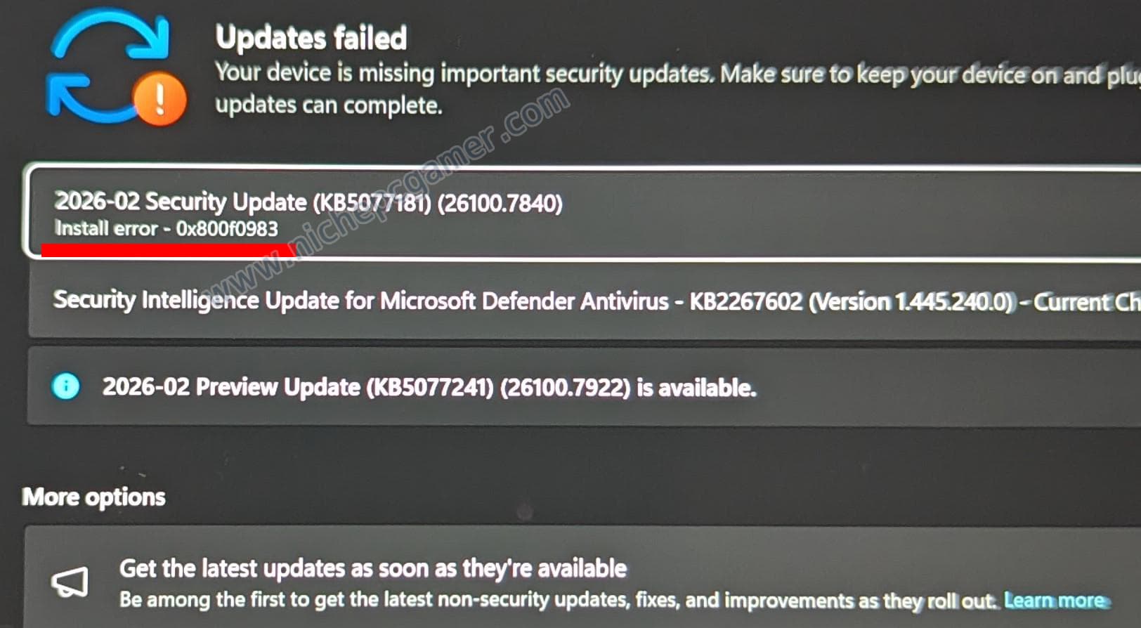 KB5077241: 0x800f0983エラーで失敗