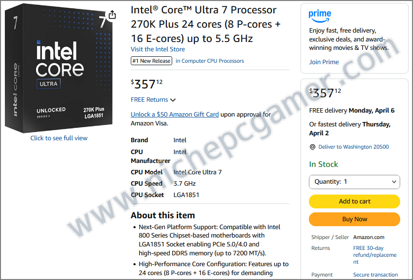 米Amazon: Core Ultra 7 270K Plus 357ドル
