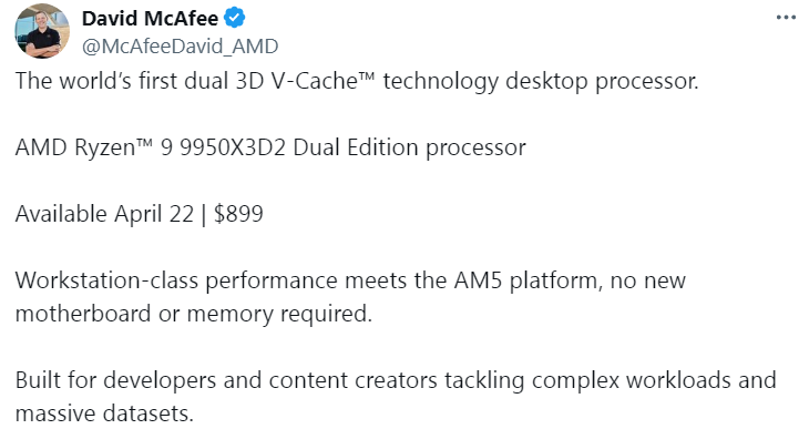 Ryzen 9 9950X3D2 Dual Edition 899ドル