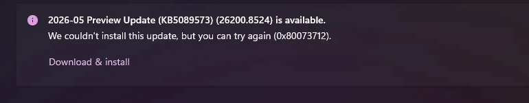 0x80073712エラーでKB5089573のインストールに失敗