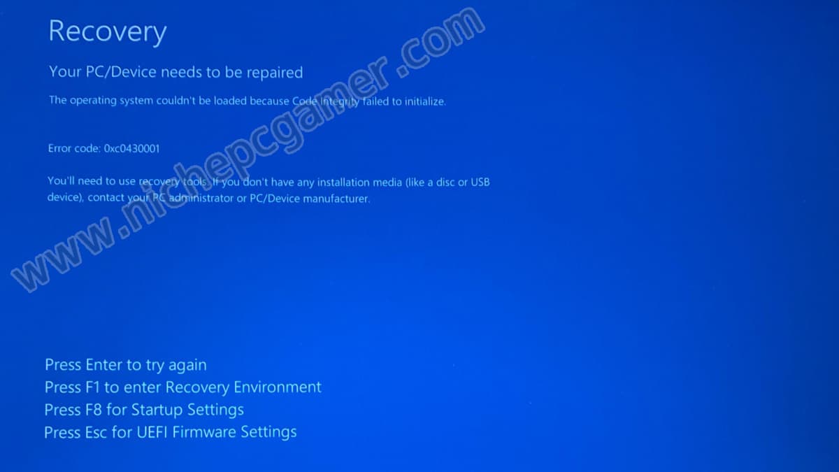 0xc0430001ブルースクリーンの表示例