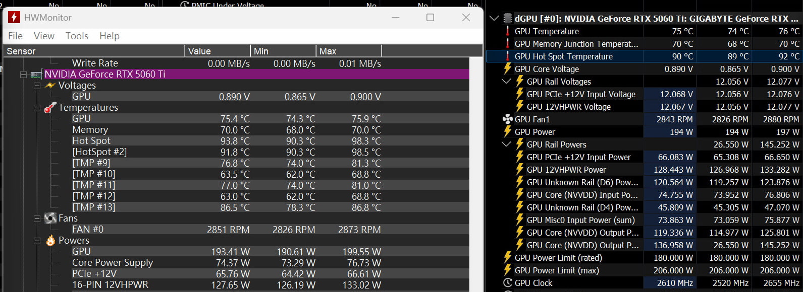 GeForce RTX 5060 Ti 左: HWMonitor 93.8℃ / 右: HWiNFO 90℃